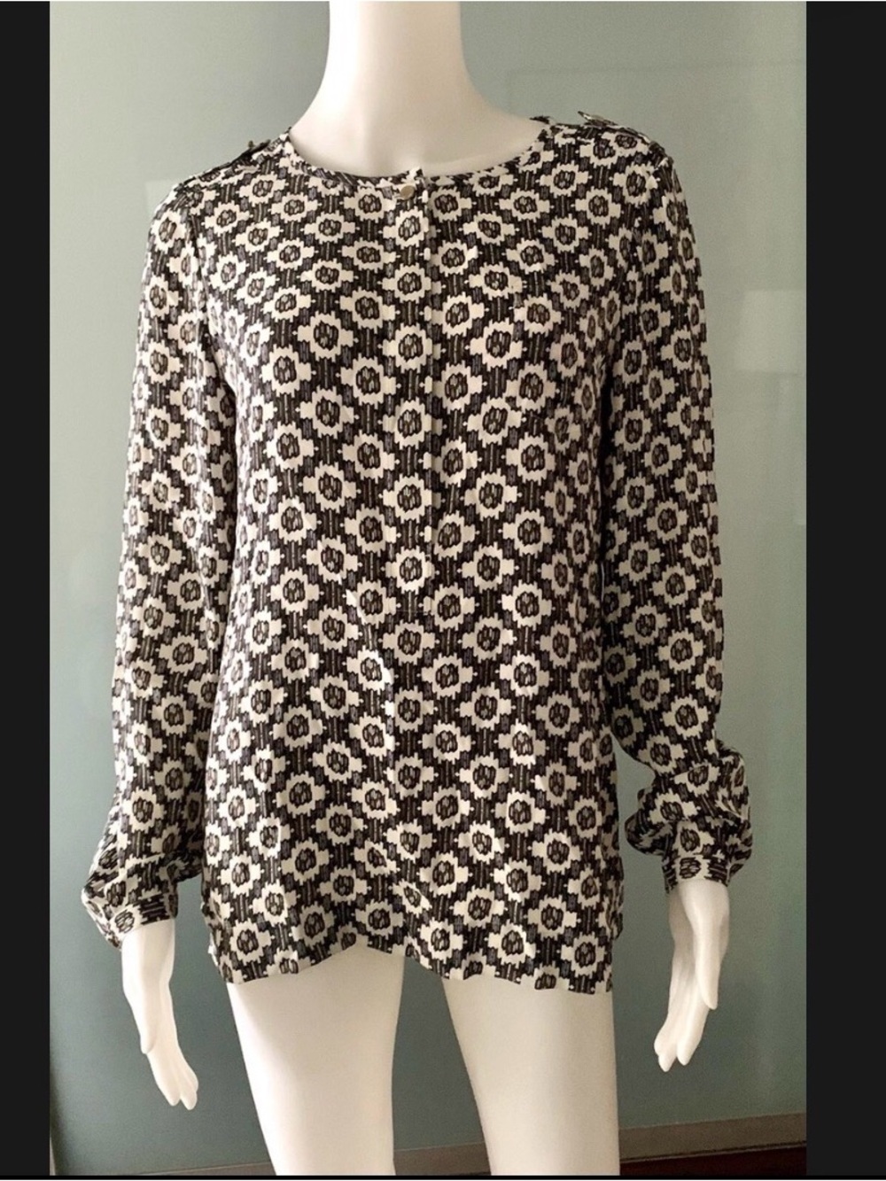 Tory Burch Black and White Geometric Long-Sleeve Blouse